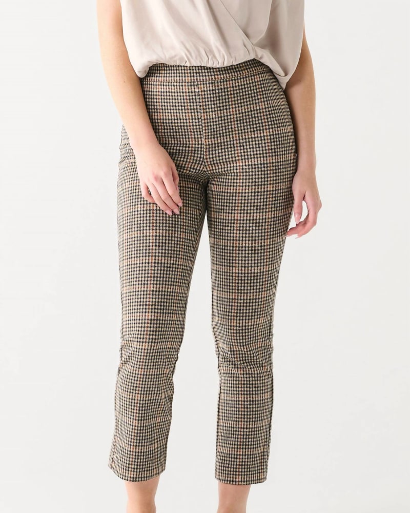 Front of a model wearing a size XL Pull On Straight Knit Pant In Brown Houndstooth in Brown Houndstooth by Dex. | dia_product_style_image_id:358275